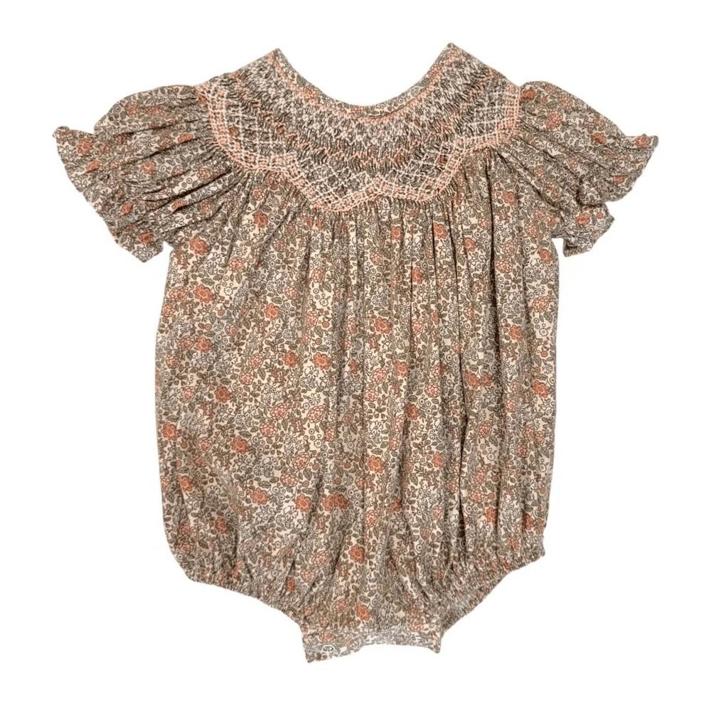 NEW SWEET DREAMS girl's sabrina floral smocked bubble in peachy pink